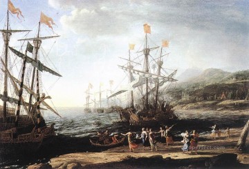 風景 Painting - ボートを燃やすトロイの木馬と海兵隊の風景 クロード・ロラン・ビーチ